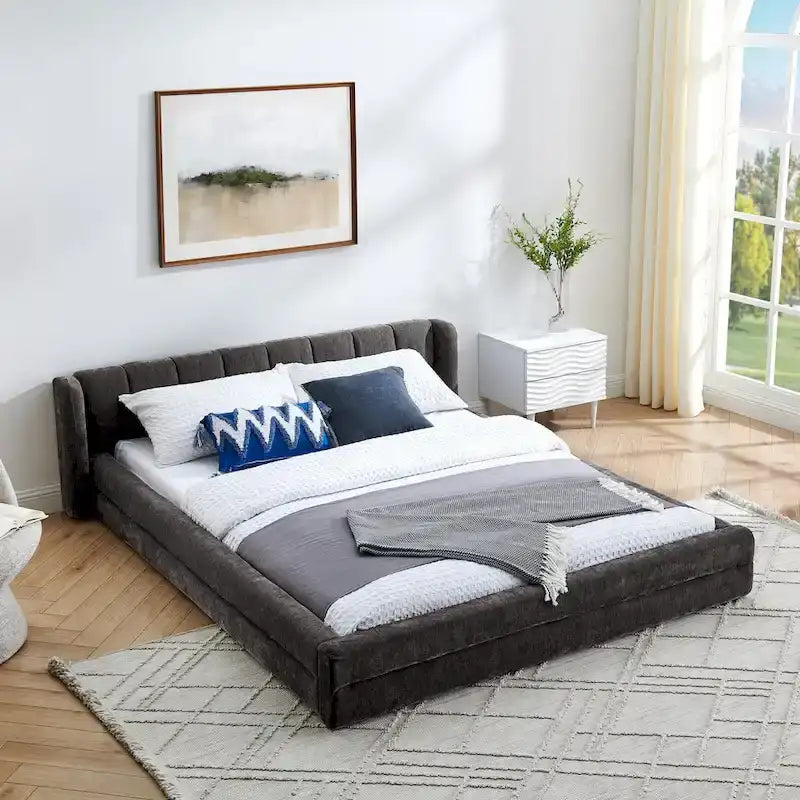 Letto a piattaforma imbottito Queen Size con tessuto spesso in ciniglia, telaio solido e testiera, GRIGIO SCURO