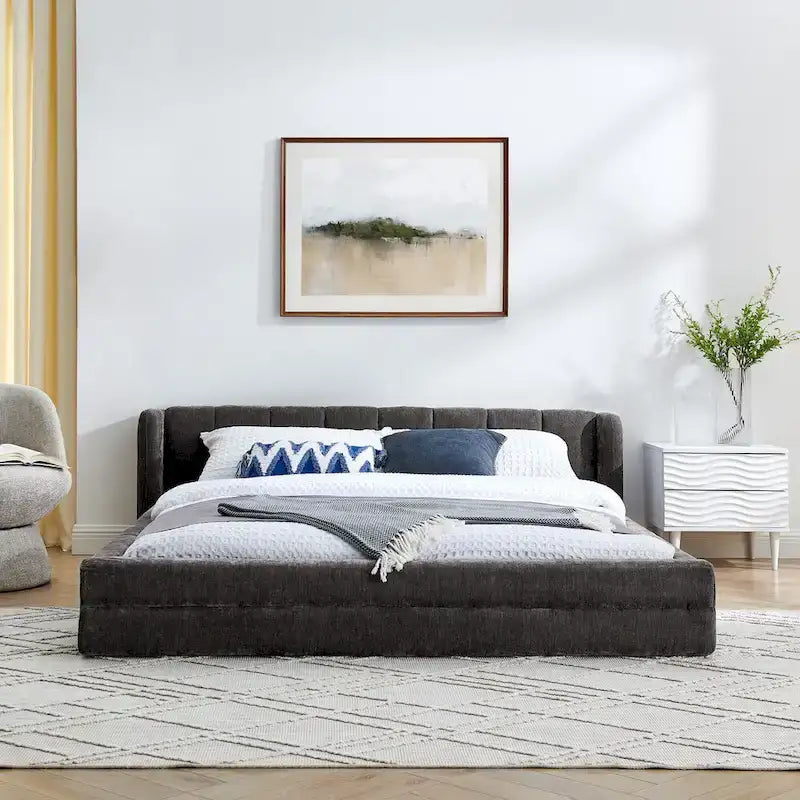 Letto a piattaforma imbottito Queen Size con tessuto spesso in ciniglia, telaio solido e testiera, GRIGIO SCURO