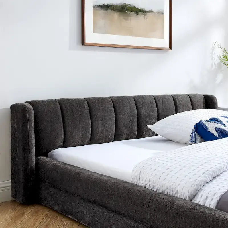 Letto a piattaforma imbottito Queen Size con tessuto spesso in ciniglia, telaio solido e testiera, GRIGIO SCURO