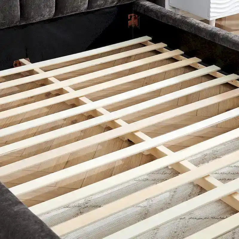 Letto a piattaforma imbottito Queen Size con tessuto spesso in ciniglia, telaio solido e testiera, GRIGIO SCURO