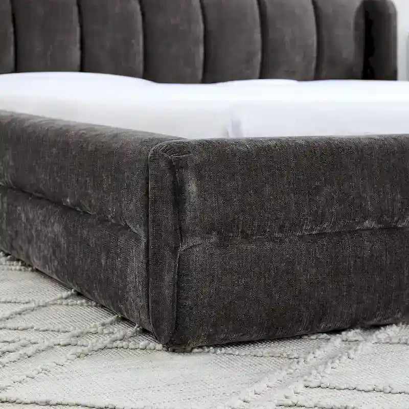 Letto a piattaforma imbottito Queen Size con tessuto spesso in ciniglia, telaio solido e testiera, GRIGIO SCURO