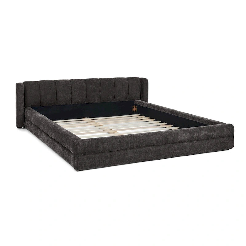 Letto a piattaforma imbottito Queen Size con tessuto spesso in ciniglia, telaio solido e testiera, GRIGIO SCURO