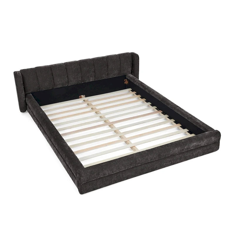 Letto a piattaforma imbottito Queen Size con tessuto spesso in ciniglia, telaio solido e testiera, GRIGIO SCURO