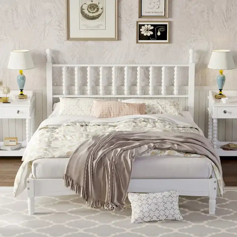 Letto a piattaforma Queen Retro con testiera a forma di zucca e struttura in legno massello
