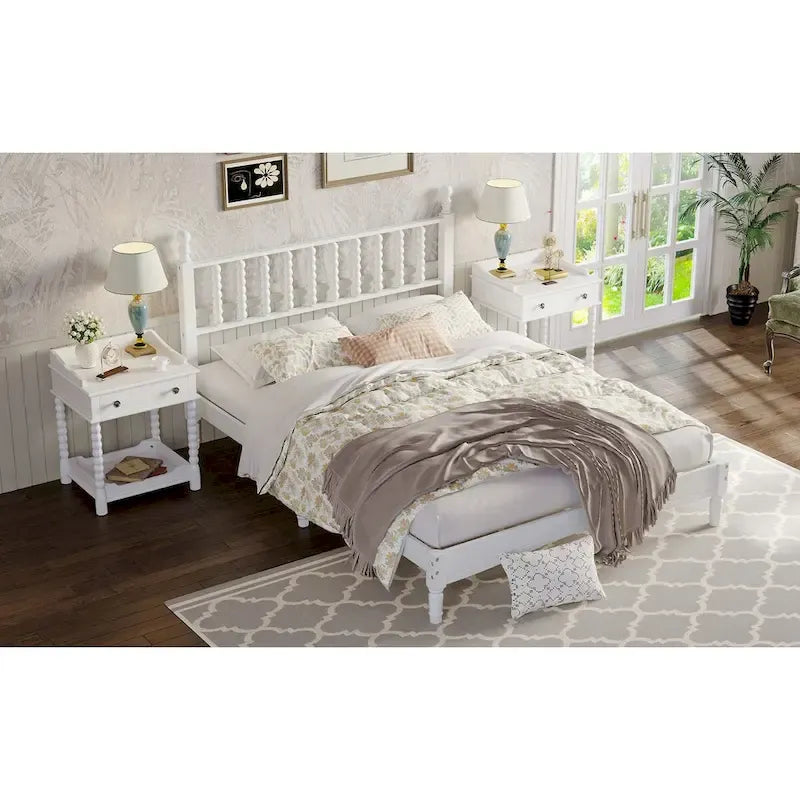 Letto a piattaforma Queen Retro con testiera a forma di zucca e struttura in legno massello