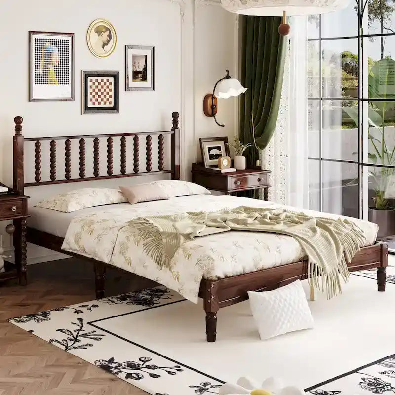 Letto a piattaforma Queen Retro con testiera a forma di zucca e struttura in legno massello