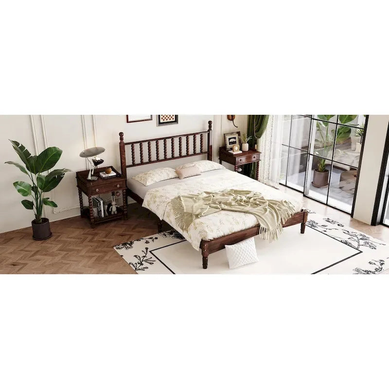 Letto a piattaforma Queen Retro con testiera a forma di zucca e struttura in legno massello