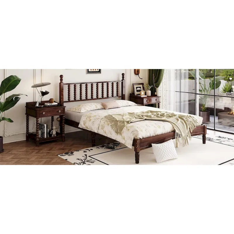 Letto a piattaforma Queen Retro con testiera a forma di zucca e struttura in legno massello
