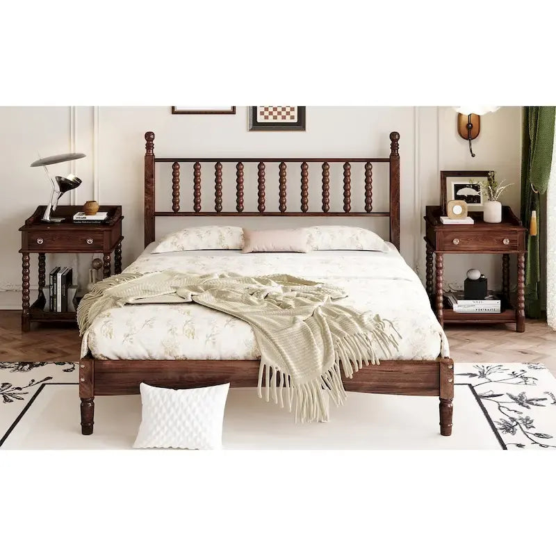 Letto a piattaforma Queen Retro con testiera a forma di zucca e struttura in legno massello