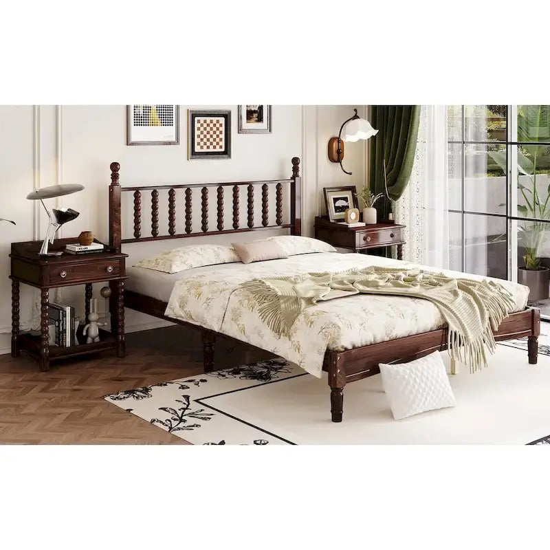 Letto a piattaforma Queen Retro con testiera a forma di zucca e struttura in legno massello