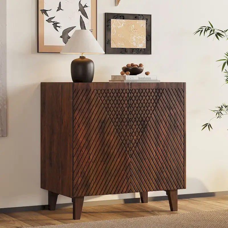 Mobiletto rustico in legno, design scanalato, ripiano regolabile, contenitore