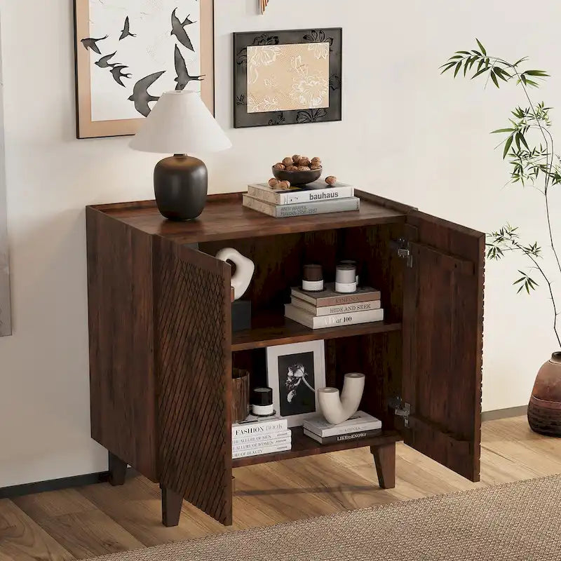 Mobiletto rustico in legno, design scanalato, ripiano regolabile, contenitore