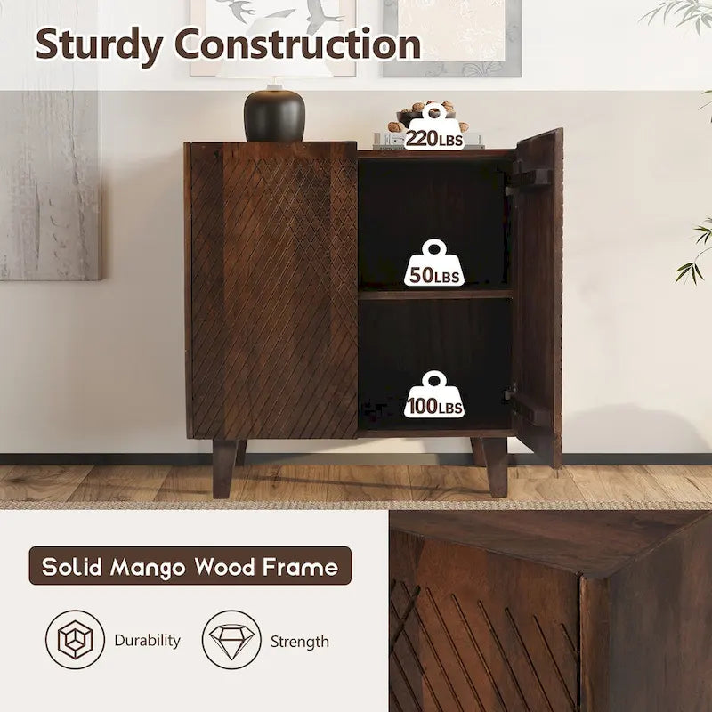 Mobiletto rustico in legno, design scanalato, ripiano regolabile, contenitore
