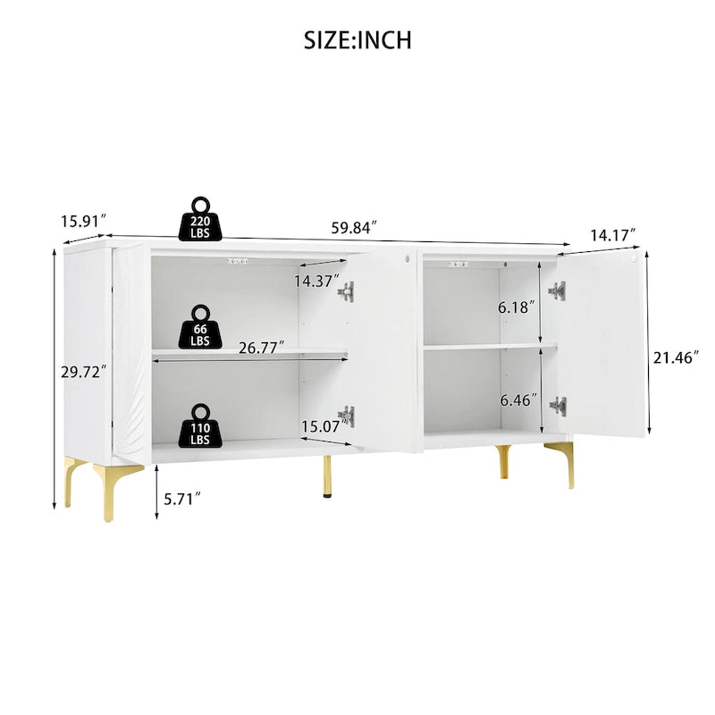 Credenza a 4 ante senza maniglie per sala da pranzo e soggiorno