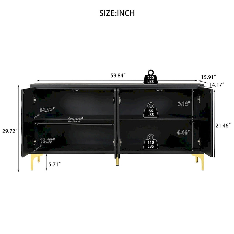 Credenza a 4 ante senza maniglie per sala da pranzo e soggiorno