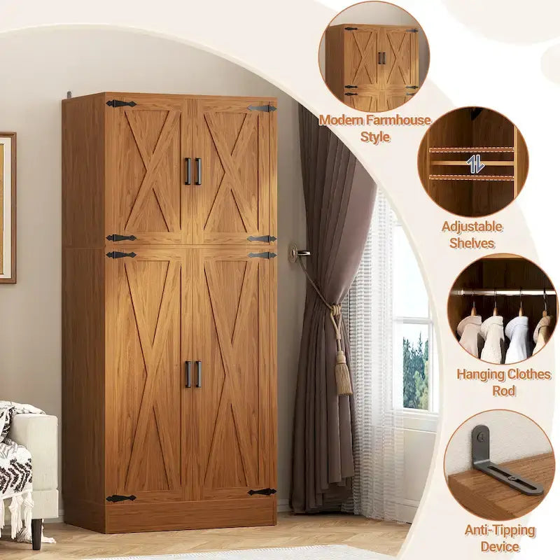 Armadio in legno con ante scorrevoli alla rustica | Mobile contenitore da guardaroba in stile rustico con asta appendiabiti