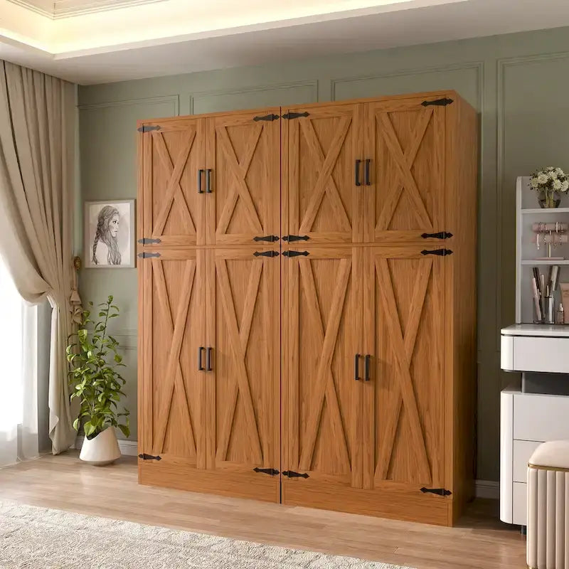 Armadio in legno con ante scorrevoli alla rustica | Mobile contenitore da guardaroba in stile rustico con asta appendiabiti