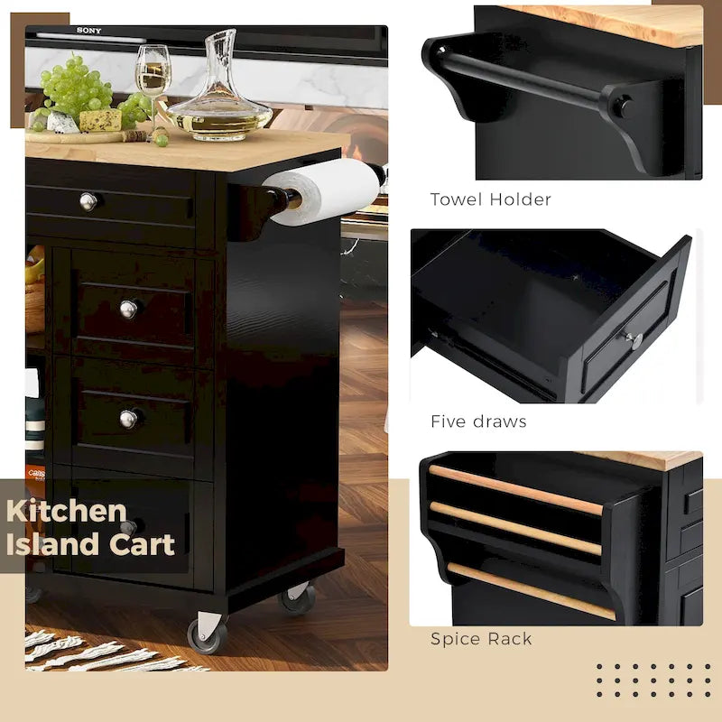 Carrello da cucina con piano in legno di caucciù, isola cucina mobile su ruote con contenitore e 5 cassetti, lunghezza 53 pollici (sgabello escluso)