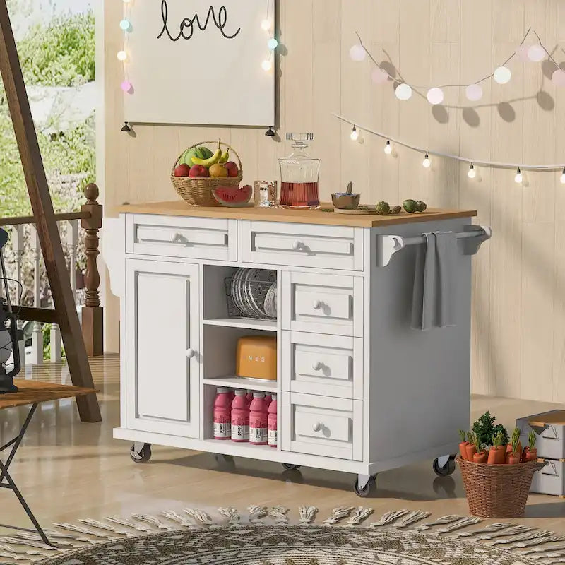Carrello da cucina con piano in legno di caucciù, isola cucina mobile su ruote con contenitore e 5 cassetti, lunghezza 53 pollici (sgabello escluso)