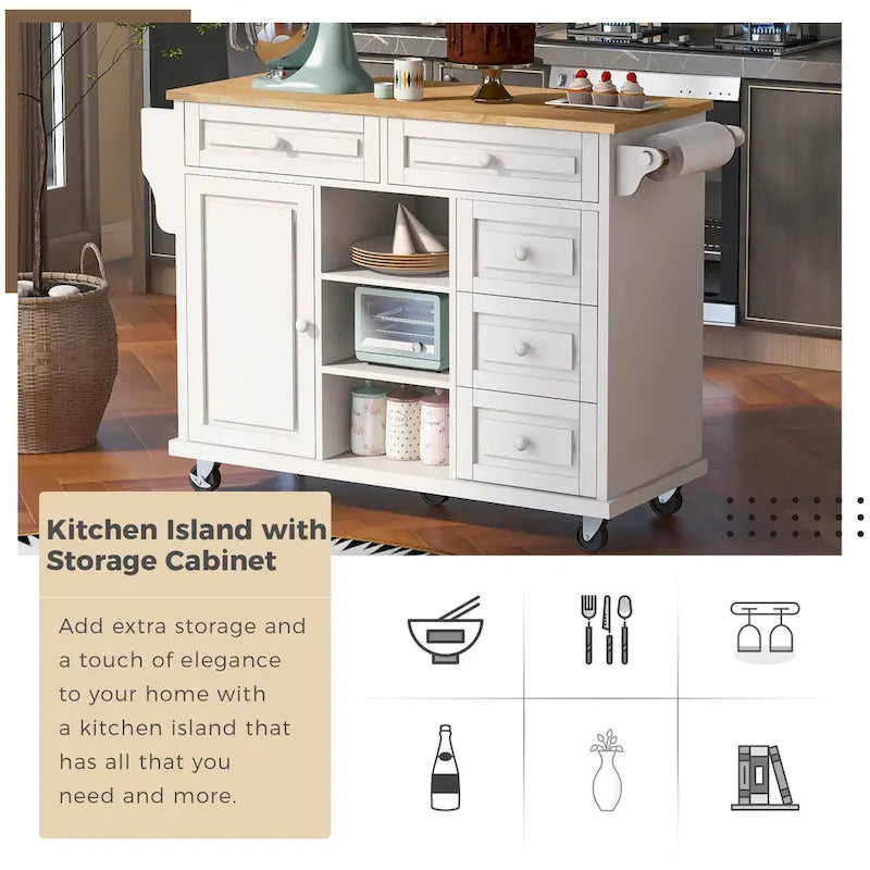 Carrello da cucina con piano in legno di caucciù, isola cucina mobile su ruote con contenitore e 5 cassetti, lunghezza 53 pollici (sgabello escluso)