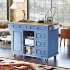 Carrello da cucina con piano in legno di caucciù, isola cucina mobile su ruote con contenitore e 5 cassetti, lunghezza 53 pollici (sgabello escluso)