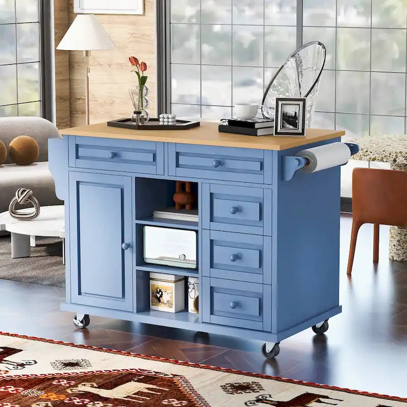 Carrello da cucina con piano in legno di caucciù, isola cucina mobile su ruote con contenitore e 5 cassetti, lunghezza 53 pollici (sgabello escluso)