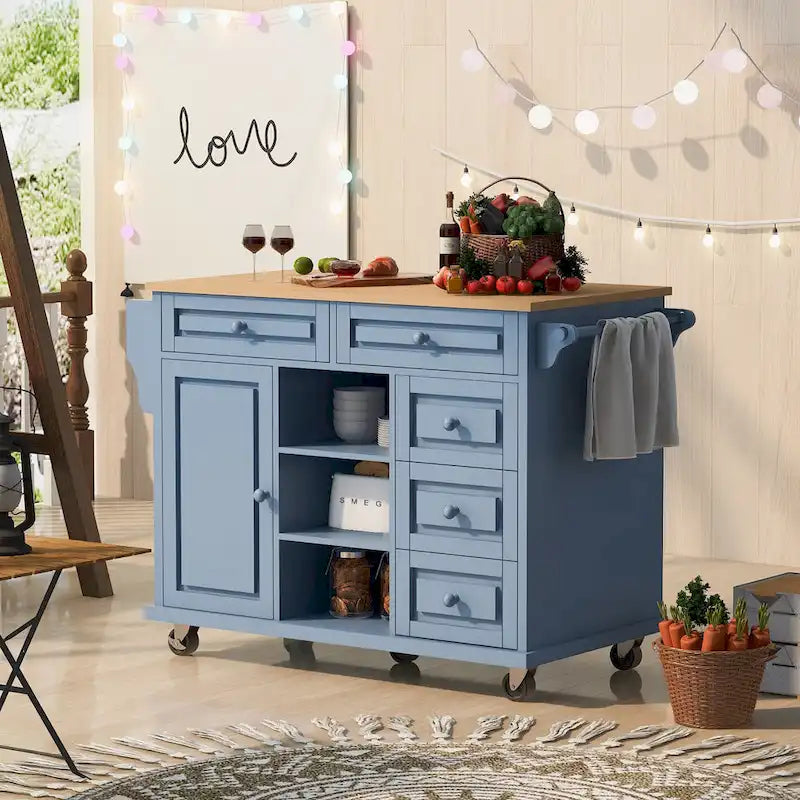 Carrello da cucina con piano in legno di caucciù, isola cucina mobile su ruote con contenitore e 5 cassetti, lunghezza 53 pollici (sgabello escluso)