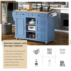 Carrello da cucina con piano in legno di caucciù, isola cucina mobile su ruote con contenitore e 5 cassetti, lunghezza 53 pollici (sgabello escluso)