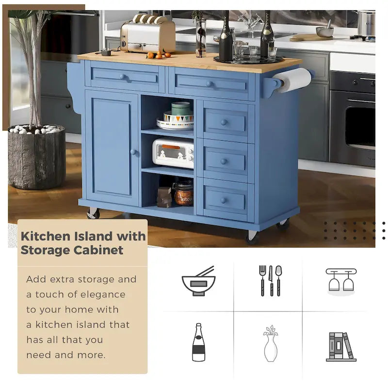 Carrello da cucina con piano in legno di caucciù, isola cucina mobile su ruote con contenitore e 5 cassetti, lunghezza 53 pollici (sgabello escluso)