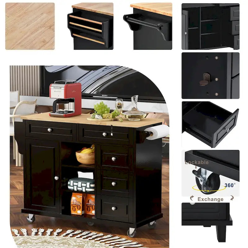 Carrello da cucina con piano in legno di caucciù, isola cucina mobile su ruote con contenitore e 5 cassetti, lunghezza 53 pollici (sgabello escluso)