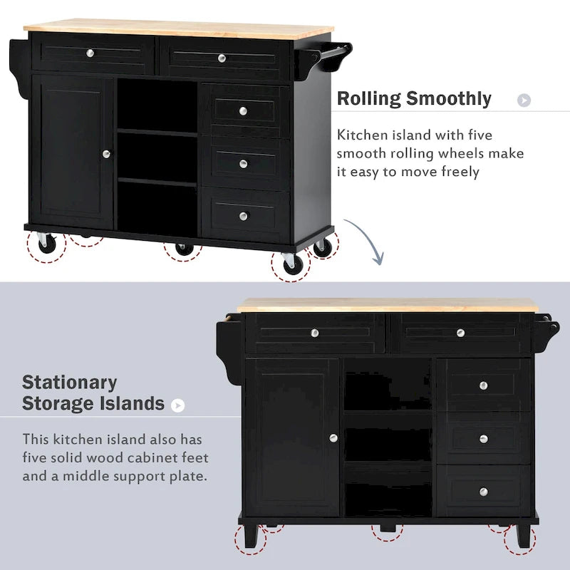 Carrello da cucina con piano in legno di caucciù, isola cucina mobile su ruote con contenitore e 5 cassetti, lunghezza 53 pollici (sgabello escluso)