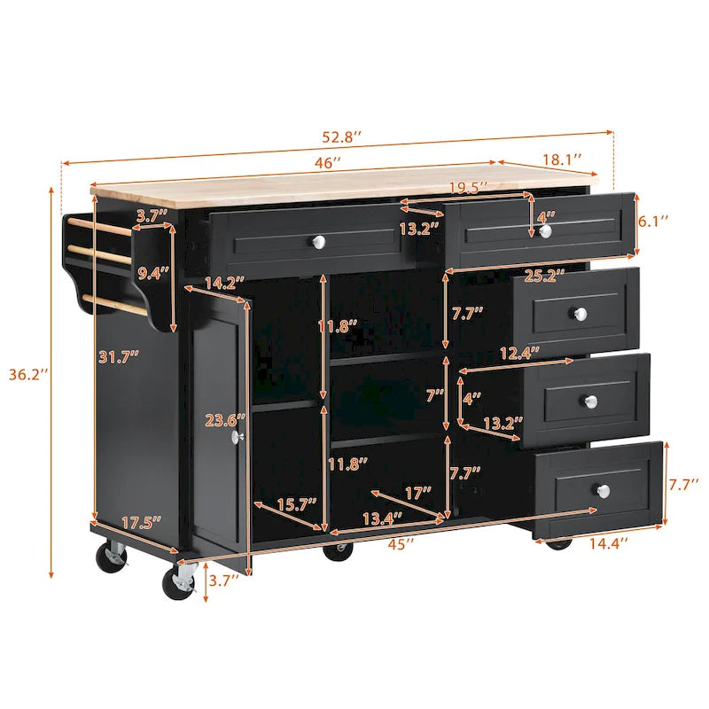 Carrello da cucina con piano in legno di caucciù, isola cucina mobile su ruote con contenitore e 5 cassetti, lunghezza 53 pollici (sgabello escluso)