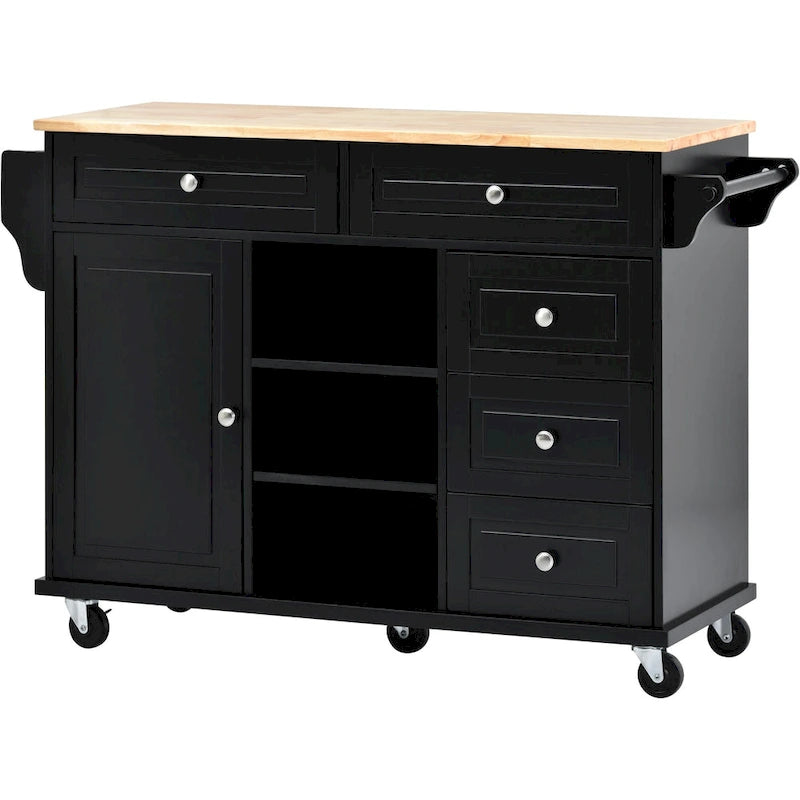 Carrello da cucina con piano in legno di caucciù, isola cucina mobile su ruote con contenitore e 5 cassetti, lunghezza 53 pollici (sgabello escluso)
