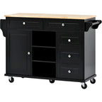 Carrello da cucina con piano in legno di caucciù, isola cucina mobile su ruote con contenitore e 5 cassetti, lunghezza 53 pollici (sgabello escluso)