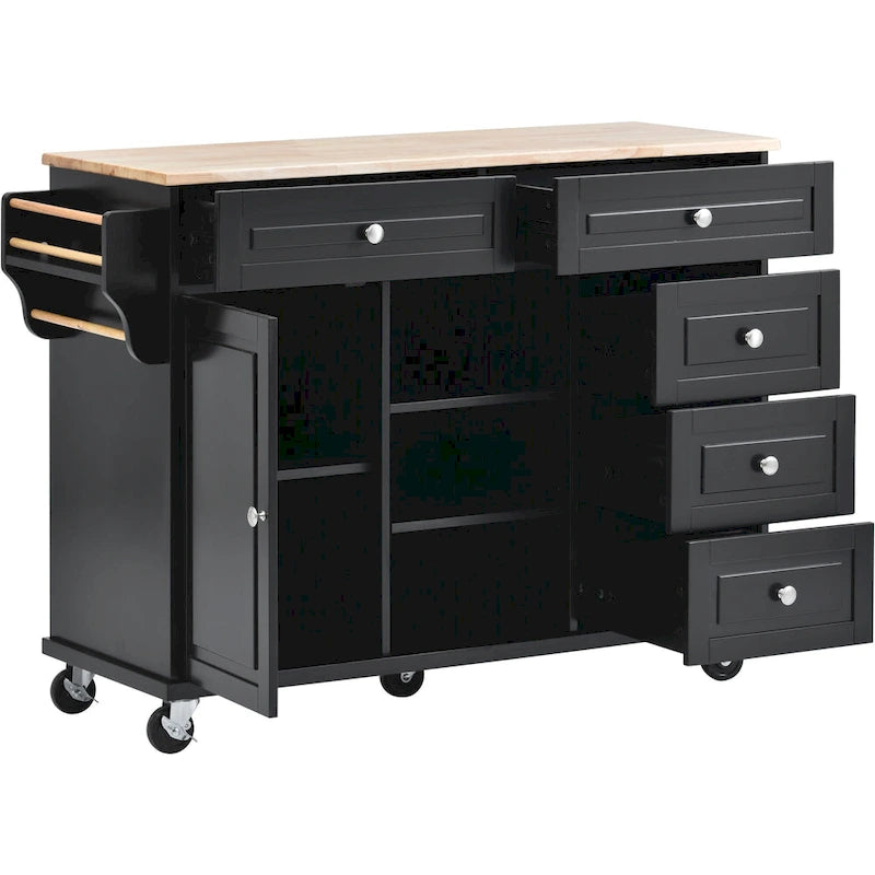 Carrello da cucina con piano in legno di caucciù, isola cucina mobile su ruote con contenitore e 5 cassetti, lunghezza 53 pollici (sgabello escluso)