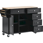 Carrello da cucina con piano in legno di caucciù, isola cucina mobile su ruote con contenitore e 5 cassetti, lunghezza 53 pollici (sgabello escluso)