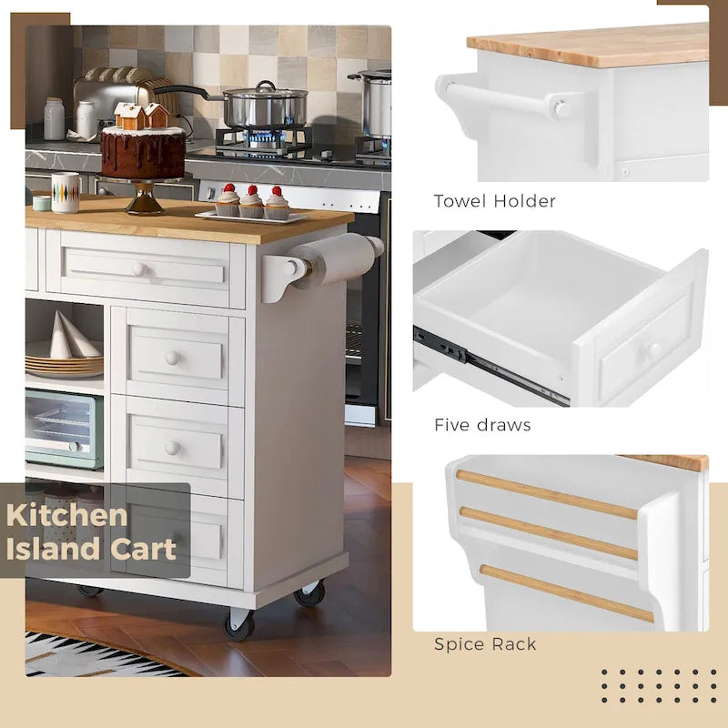 Carrello da cucina con piano in legno di caucciù, isola cucina mobile su ruote con contenitore e 5 cassetti, lunghezza 53 pollici (sgabello escluso)