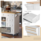 Carrello da cucina con piano in legno di caucciù, isola cucina mobile su ruote con contenitore e 5 cassetti, lunghezza 53 pollici (sgabello escluso)
