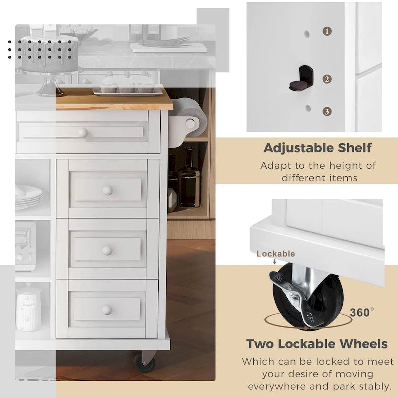 Carrello da cucina con piano in legno di caucciù, isola cucina mobile su ruote con contenitore e 5 cassetti, lunghezza 53 pollici (sgabello escluso)
