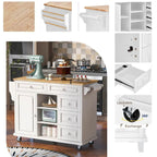 Carrello da cucina con piano in legno di caucciù, isola cucina mobile su ruote con contenitore e 5 cassetti, lunghezza 53 pollici (sgabello escluso)