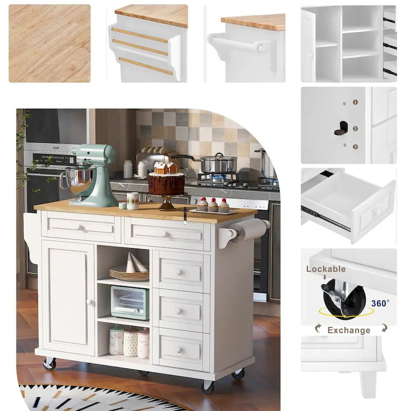 Carrello da cucina con piano in legno di caucciù, isola cucina mobile su ruote con contenitore e 5 cassetti, lunghezza 53 pollici (sgabello escluso)