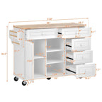 Carrello da cucina con piano in legno di caucciù, isola cucina mobile su ruote con contenitore e 5 cassetti, lunghezza 53 pollici (sgabello escluso)