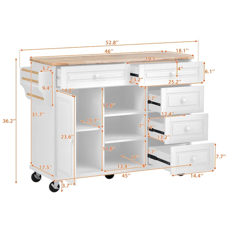 Carrello da cucina con piano in legno di caucciù, isola cucina mobile su ruote con contenitore e 5 cassetti, lunghezza 53 pollici (sgabello escluso)