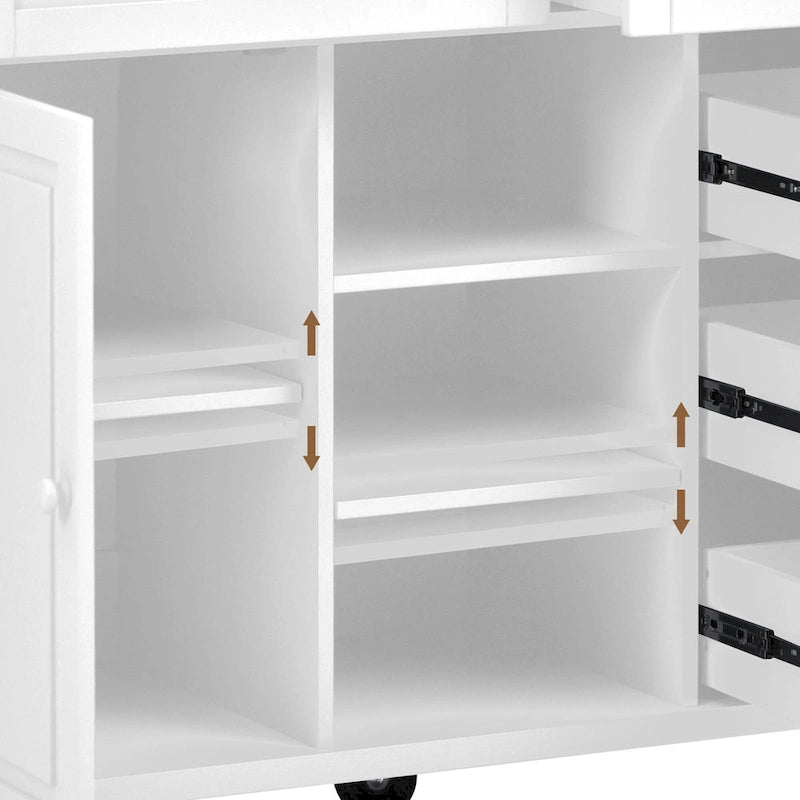 Carrello da cucina con piano in legno di caucciù, isola cucina mobile su ruote con contenitore e 5 cassetti, lunghezza 53 pollici (sgabello escluso)