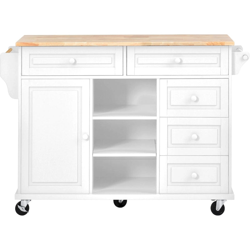 Carrello da cucina con piano in legno di caucciù, isola cucina mobile su ruote con contenitore e 5 cassetti, lunghezza 53 pollici (sgabello escluso)