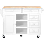 Carrello da cucina con piano in legno di caucciù, isola cucina mobile su ruote con contenitore e 5 cassetti, lunghezza 53 pollici (sgabello escluso)