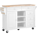 Carrello da cucina con piano in legno di caucciù, isola cucina mobile su ruote con contenitore e 5 cassetti, lunghezza 53 pollici (sgabello escluso)