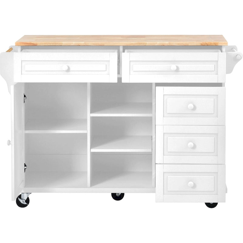Carrello da cucina con piano in legno di caucciù, isola cucina mobile su ruote con contenitore e 5 cassetti, lunghezza 53 pollici (sgabello escluso)