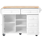 Carrello da cucina con piano in legno di caucciù, isola cucina mobile su ruote con contenitore e 5 cassetti, lunghezza 53 pollici (sgabello escluso)