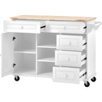 Carrello da cucina con piano in legno di caucciù, isola cucina mobile su ruote con contenitore e 5 cassetti, lunghezza 53 pollici (sgabello escluso)